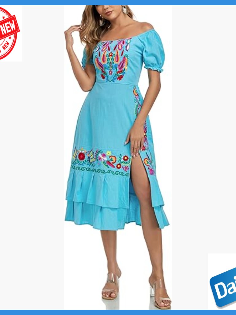 Cotton Boho Maxi Dress Embroidered Ruffle Split Leg Casual Wedding Beach